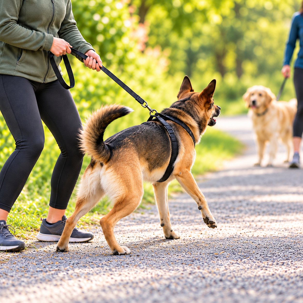 Leash reactive dog barking at another dog during a walk